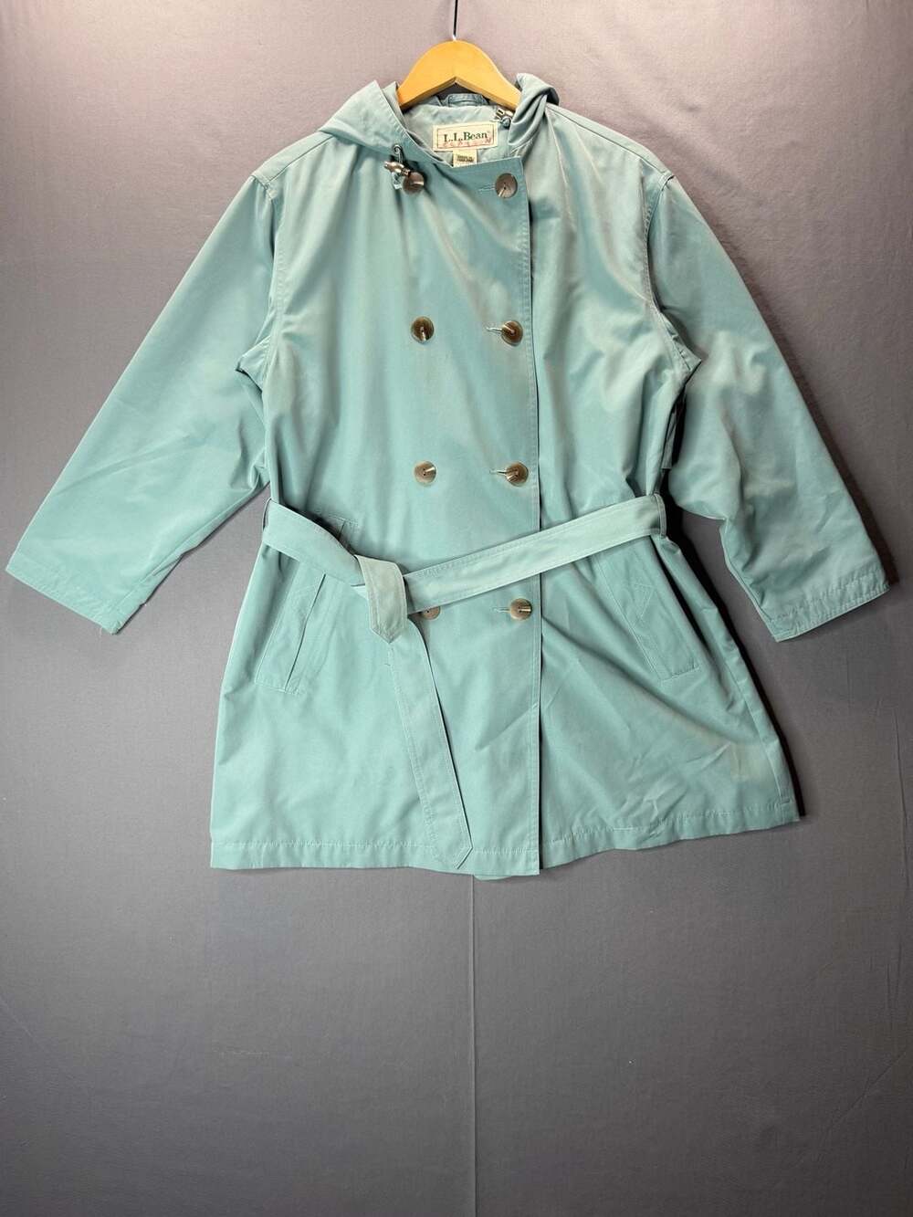 Vintage L.L.Bean Trench Coat Petite Small Mint Green Hooded Belted